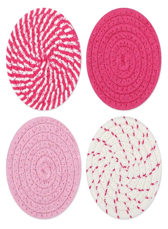 Larrel Pink Woven Coasters, 4.13in/10.5cm Round Pink Coaster for Desk Cute Coasters Set of 4 for Kitchen Dining Coffee Table Desk Accessories Aesthetic - Image 1